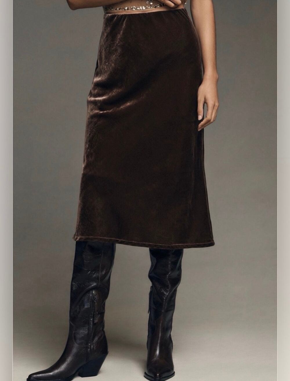 Anthropologie The Tilda Chocolate Brown Velvet Midi Slip Skirt